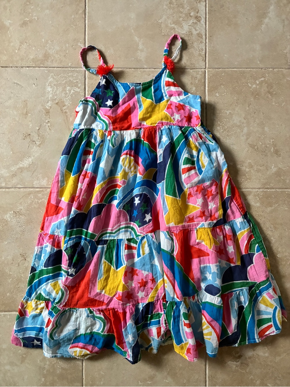 Boden Multicolor Rainbow & Star Tiered Sundress - Pink, Blue, Yellow, Green